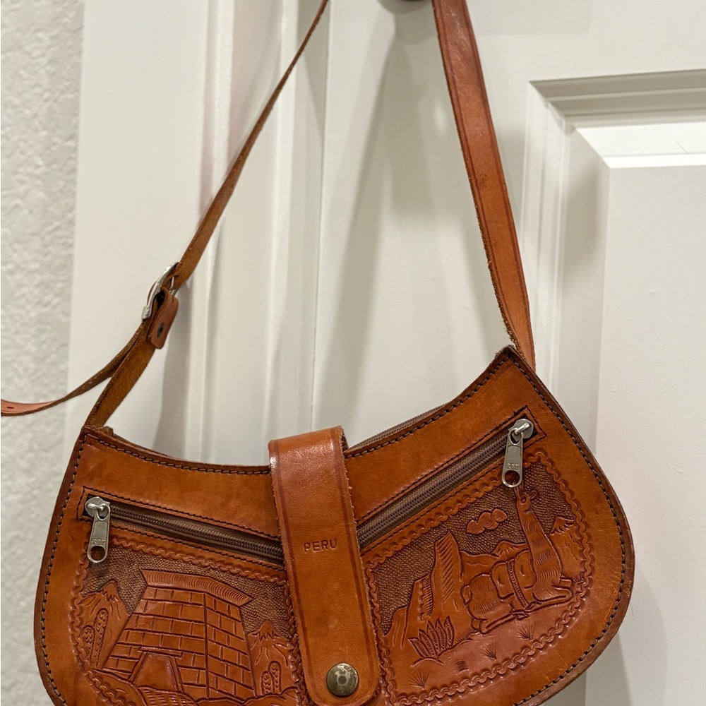 Embossed Tan Leather Shoulder Bag